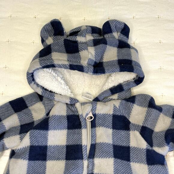 Old Navy One-Piece Fleece Snowsuit Boys 0-3M Blue Gray Check Hooded - Picture 2 of 9